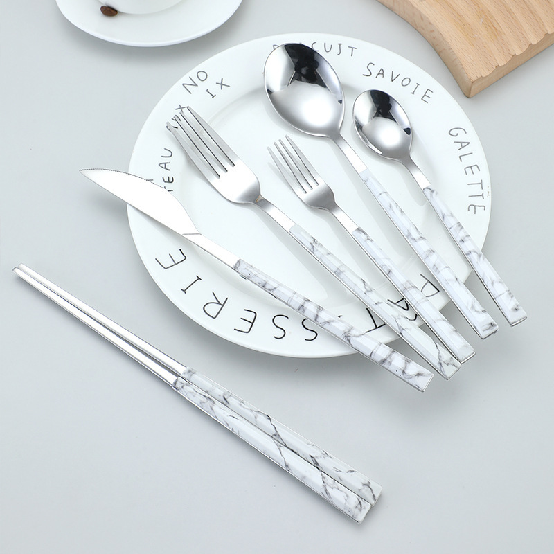 Stainless steel tableware suit Korean-style handle imitation marbling knife, fork and spoon Western steak knife fruit dessert spoon