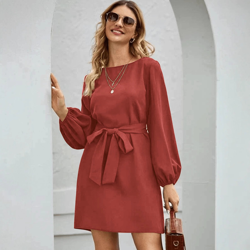 Spring and Summer Women's Waist-Cinching Pullover Long-Sleeved High-Waisted Dress Solid Color Temperament Commuting Mid-Length Formal Dress