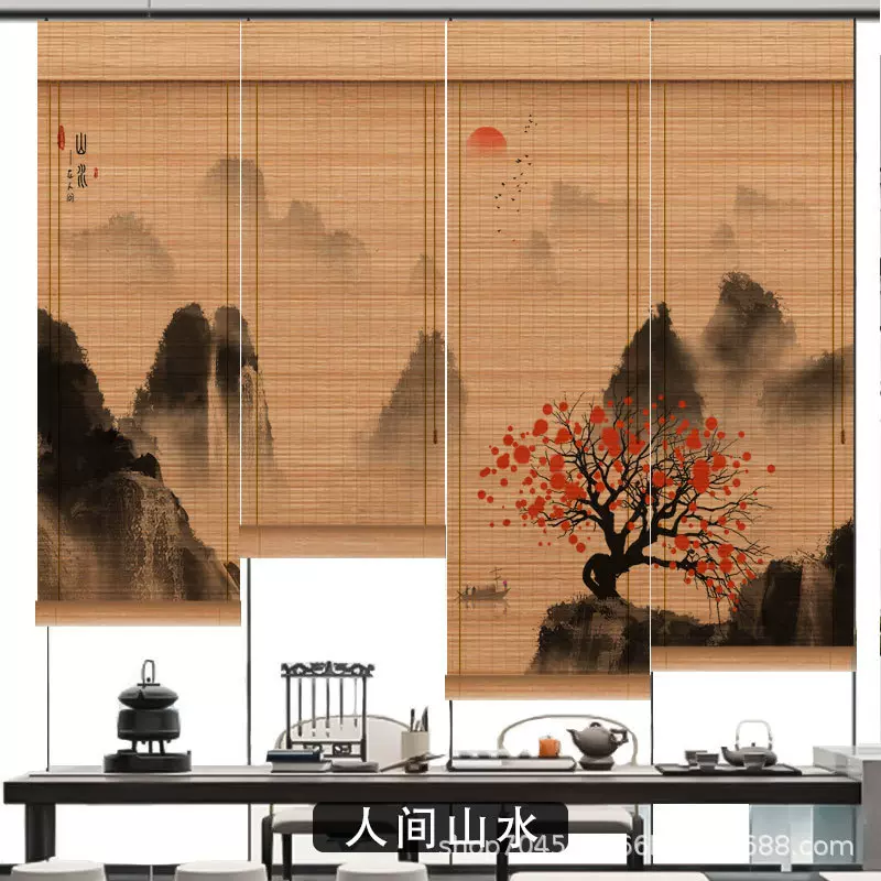 【定制】碳化竹帘窗帘卷帘复古玄关背景隔断茶室意境装饰画拉帘子