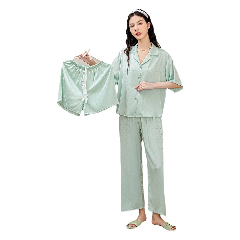 Pijamas de las mujeres de verano hielo seda lunares jacquard pantalones de manga corta delgada dulce cardigan de seda artificial traje de desgaste al por mayor