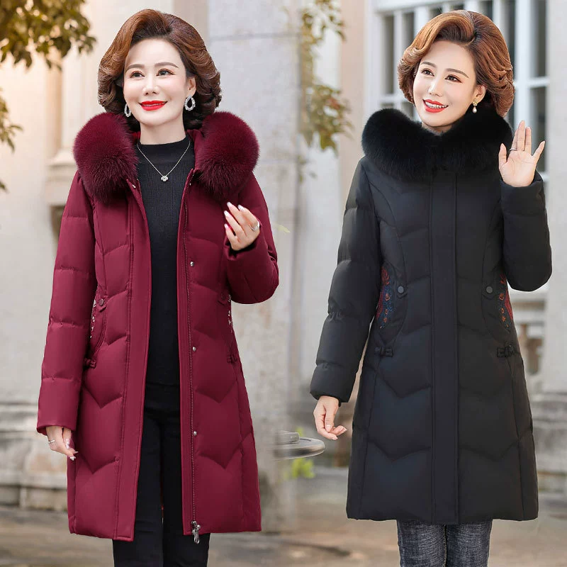 Пуховик для матери 2023 Новая зимняя одежда Куртка средней длины с хлопковой подкладкой Пальто Благородная женская одежда среднего и пожилого возраста Пальто с хлопковой подкладкой в западном стиле