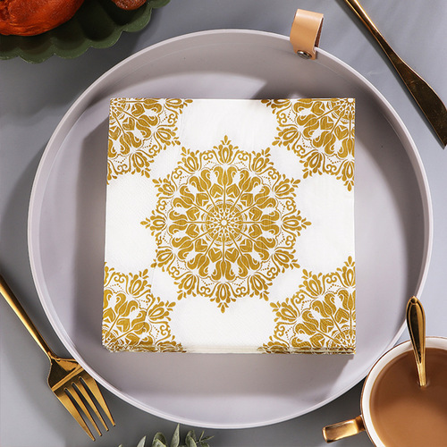 Factory direct supply gold printed napkin color placemat paper hotel banquet party paper square wood pulp paper towel