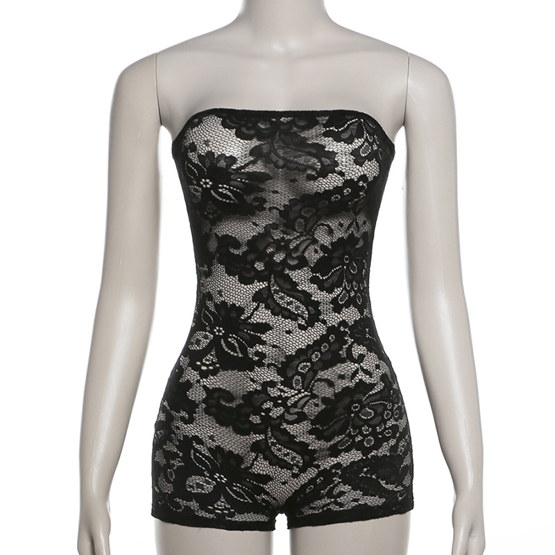 Women Spring Clothing Sexy See Through Lace Jacquard Tube Top Tight Jumpsuit