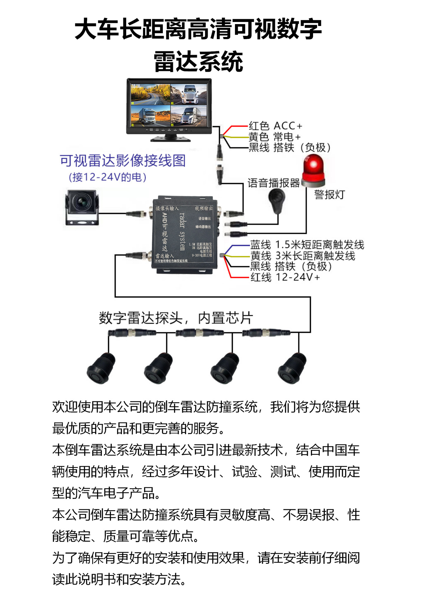 Truck reversing camera display high-definition 12V24V harvester 7inch dashcam four-way monitoring radar