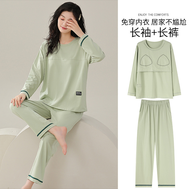 Plus Size Pajamas for Women with Breast Pads, Spring & Fall Pure Cotton Long-Sleeved Round Neck, Soft and Skin-Friendly Autumn and Winter Home Wear Set