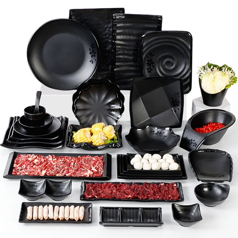 Melamine Black Tableware Hot Pot Set Creative Side Dish Plate Commercial Vegetable Long Plastic Dinner Plate