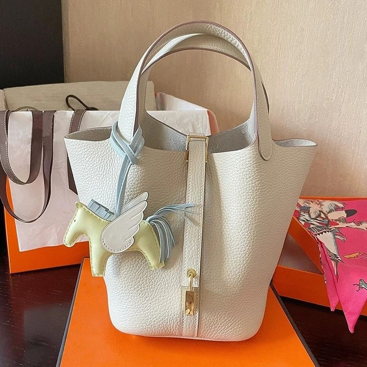 高版本H家牛皮手工蜡线真皮女包水桶包菜篮子单肩手提凯莉铂金包