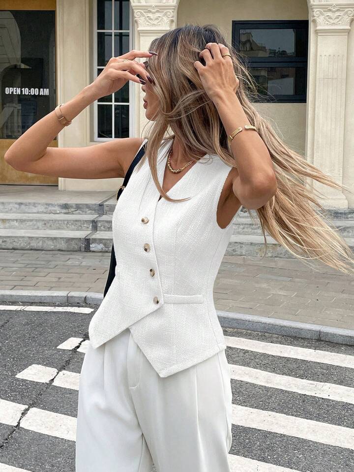 Women's Clothing Women's V Neck Sleeveless Cardigan Vest Irregular Slanted Button Waist Cinching For Formal & Casual For Women_ecoleips.com