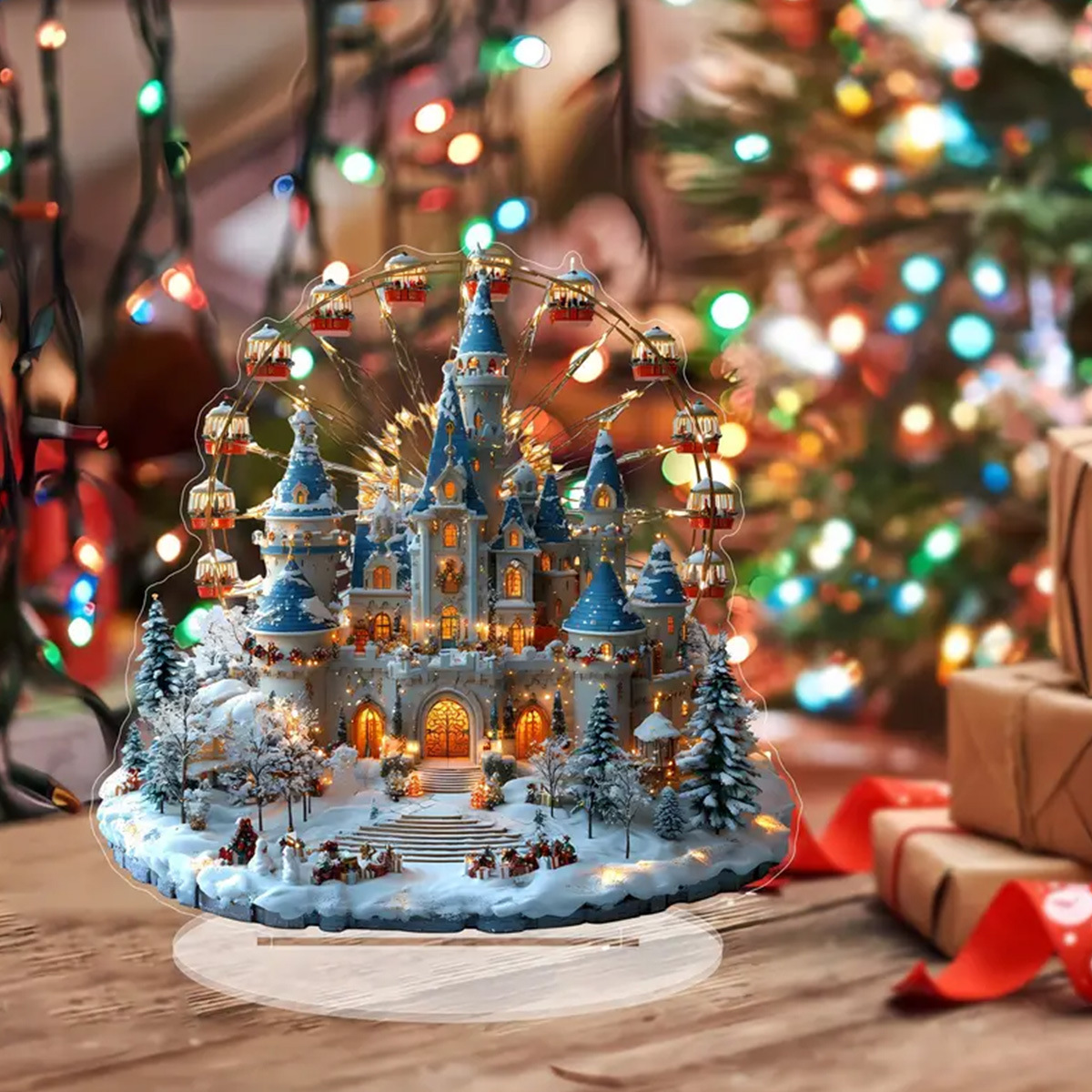 Castillo de invierno rueda acrílica mesa festiva decoración feliz para el hogar decoración navideña perfecta