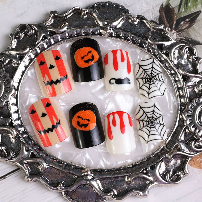 Uña de Halloween, esmalte de uñas, gota de sangre, calabaza, araña, tela de araña, pieza de uñas, uñas, uñas, uñas