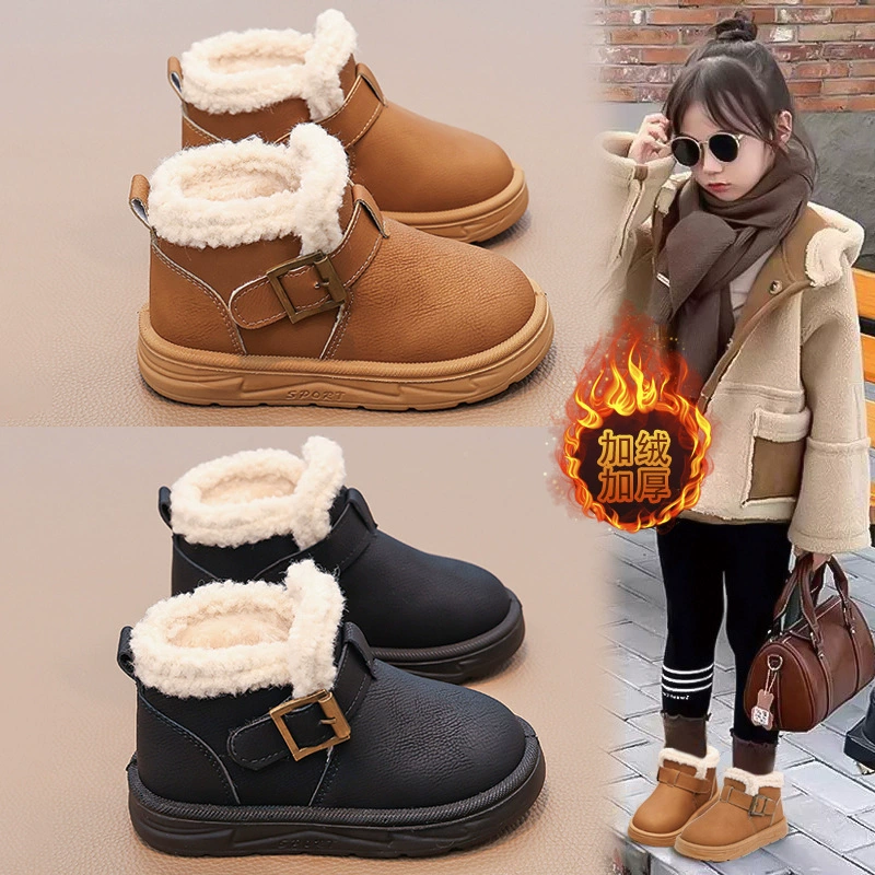 Хлопчатобумажные сапоги для девочек 2024 зимние британские сапоги в английском стиле детские мягкие подошвы нескользящие снежные сапоги с бархатом толстые хлопчатобумажные туфли для мальчиков