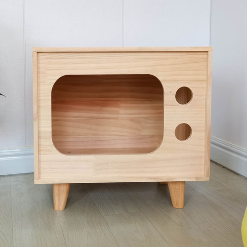 Solid Wood Cat Bed Factory Direct Sale Creative Heightened and Enlarged Solid Wood Cat House Retro Television Pine Wood Material Pet Bed
