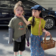 bora韩国童装儿童春夏卡通简搭短袖叠穿格子衬衣女童牛仔裤套