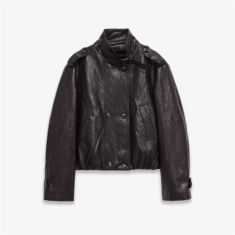 Cross-Border Export 2025 Winter New European and American Style Women's Stand-Up Collar Bella Same Style Motorcycle Jacket Pu Jacket