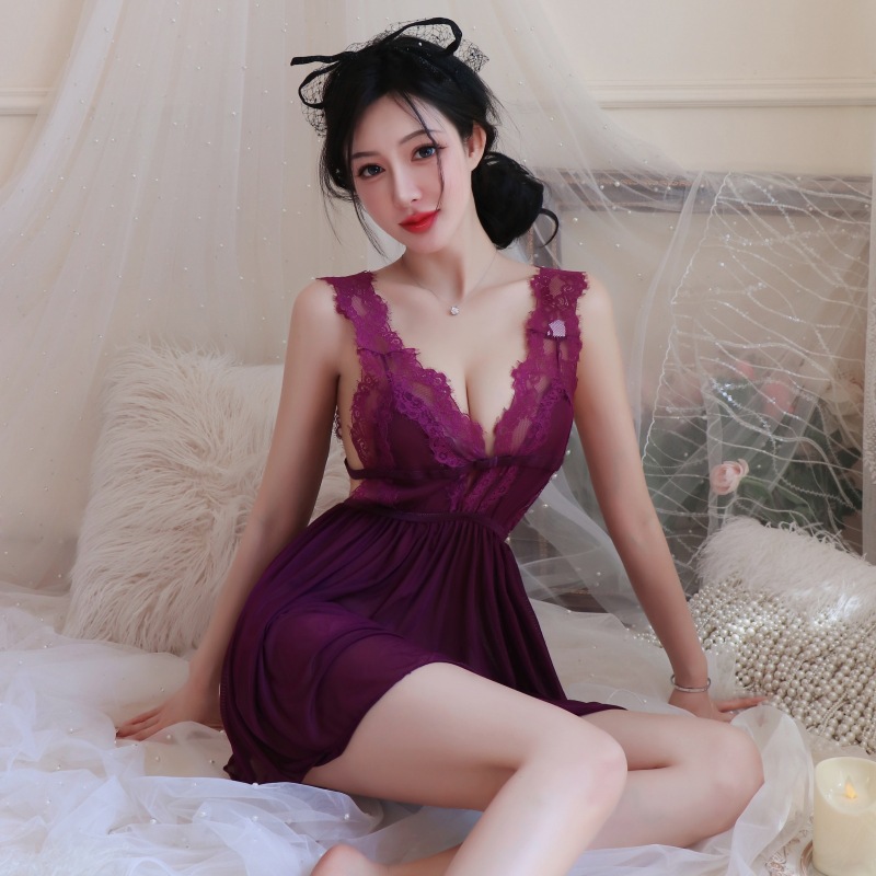 긴 밤 섹시한 속옷 보라색 잠옷 매력적인 섹시한 깊은 v 메쉬 시스루 레이스 슬릿 잠옷 1147