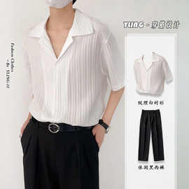 夏季新韩版禁欲系复古巴领短袖衬衫男士时髦皱褶设计衬衣百搭潮流