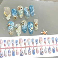 跨境欧美热销蓝色度假风穿戴甲3D大海带钻立体批发美甲贴片短杏仁