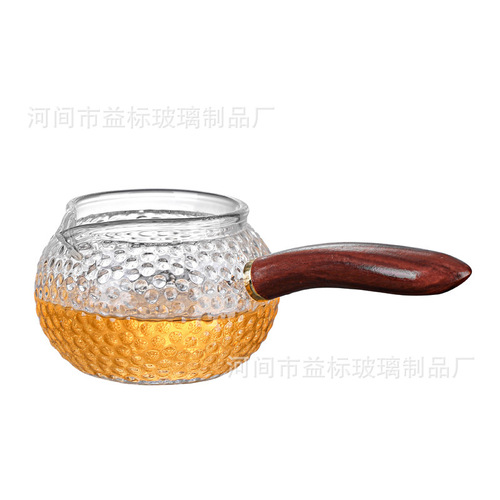 High borosilicate glass male cup thickened wooden handle hammer pattern side handle male cup pouring tea cup walnut tea sea glass fair cup