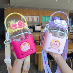 Cute cartoon children's new square straw cup portable strap high-looking student water bottle large capacity wholesale