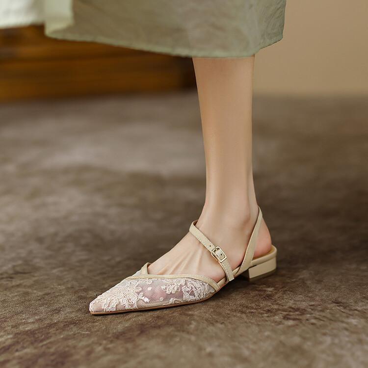 French breathable mesh hollow one-word pointed toe shoes 2024 summer versatile low-heeled toe Roman sandals for women_vogarts.com