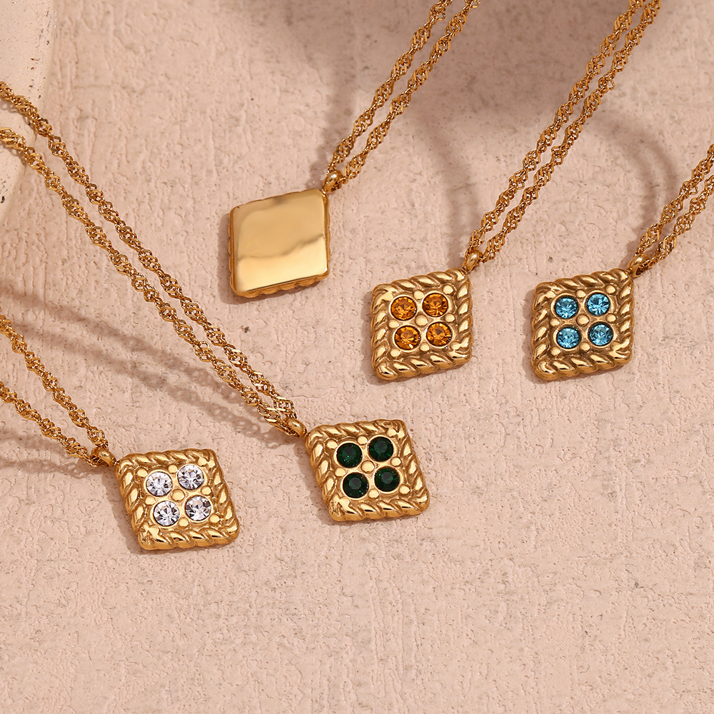 Plated 18K Gold Four Diamond Geometric Stainless Steel Pendant Necklace