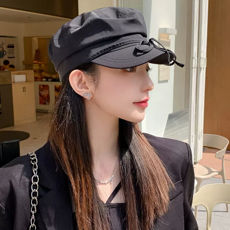 韩国夏季薄款蝴蝶结帽子女弯檐显脸小平顶帽学院风气质百搭八角帽