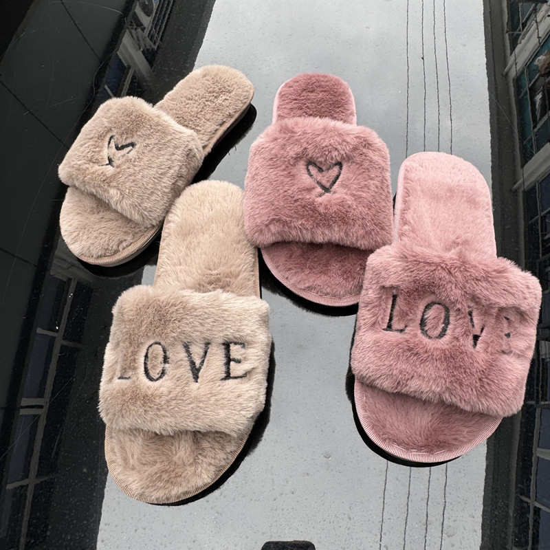 Factory wholesale cross-border foreign trade new Mao Mao slippers one-word opening autumn and winter home non-slip embroidered small fragrant wind shoes