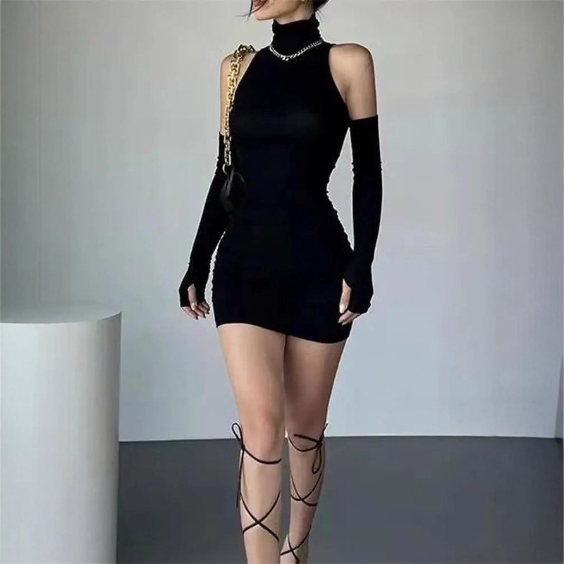 Women's Fashion Summer New Solid Color High-Neck Long-Sleeve Waist-Cinching Bodycon Off-Shoulder Sexy Slim-Fit Dress