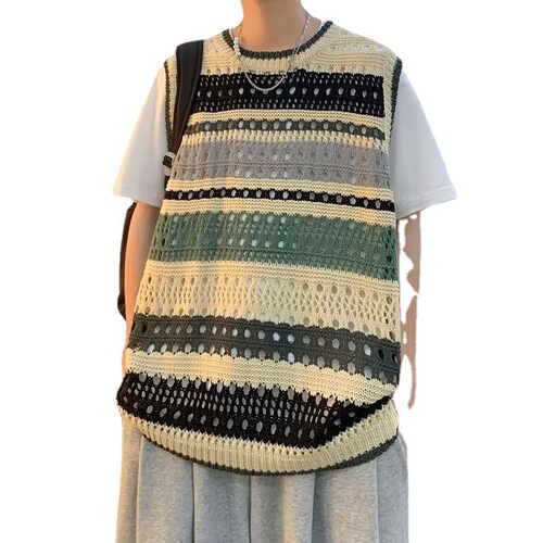 Summer Color Block Striped Retro V-neck Cardigan Vest Knit Top for Men and Women, Couple Fashion Casual Layering Knitwear Unique Style