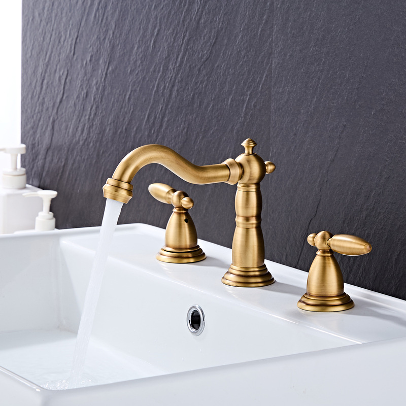 European style brushed gold brass antique bathroom basin hot and cold faucet double handle retro faucet three piece set