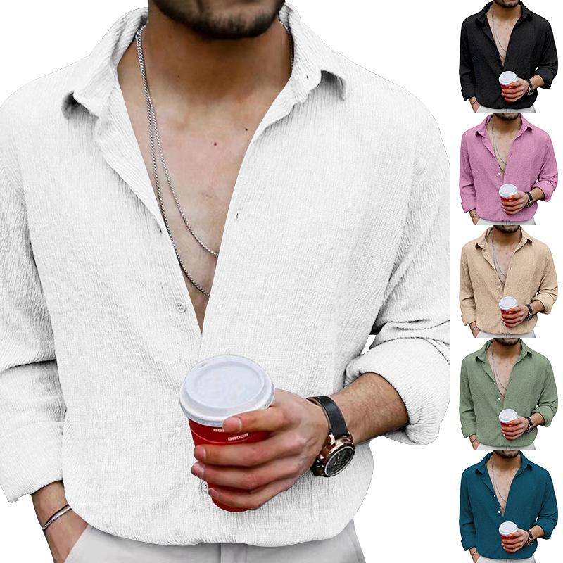 Men's Wrinkle Fabric Cardigan Solid Colour Casual Overcoat Style_voghion.com