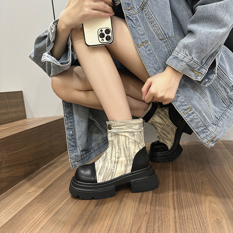 Martin Boots for Women 2024 New Style Distressed Denim Biker Boots Flat-Soled Ins Super Popular Short Boots