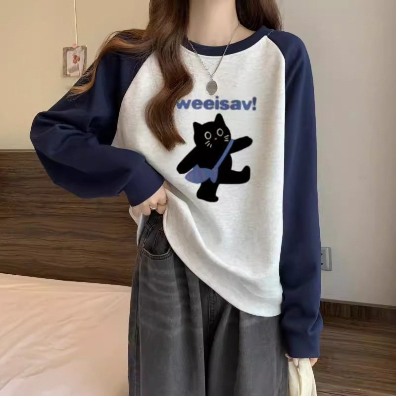 Raglan Sleeve Round Neck Sweatshirt for Female Junior High School and College Students Spring & Fall Thin Girl Oversize Velvet Warm Top