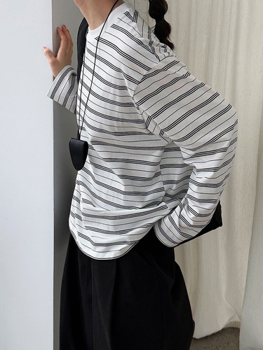 Luxi Retro Color-Block Striped Loose Simple Long-Sleeved T-Shirt for Women, New Autumn Round-Neck Base Layer Top 2031