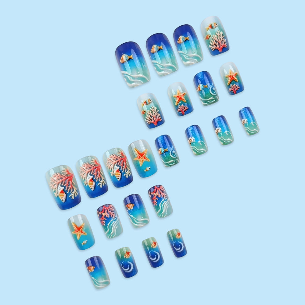 Transfronterizos 3D ambientes marinos tridimensionales Uña de verano 24 piezas de uñas falsas mezcladas image 4