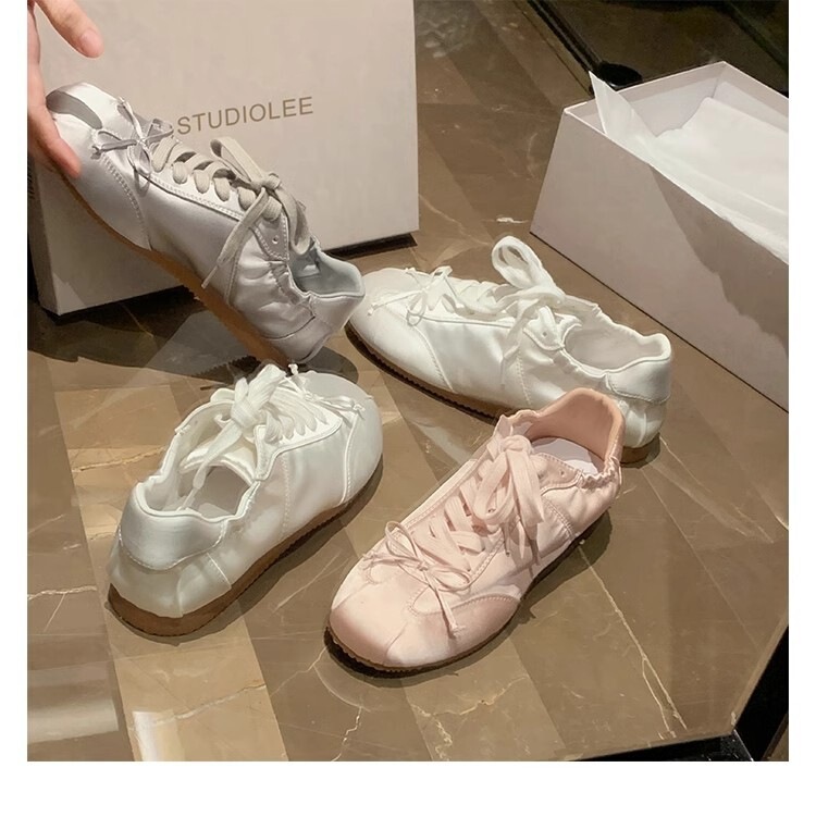 Plus-Size Women's Lace-Up Soft Leather Sports Casual Shoes, Silver Sweet Girl Style, Round-Toe Satin Bow Ballet Trainers Plus-Size Women's Lace-Up Soft Leather Sports Casual Shoes, Silver Sweet Girl Style, Round-Toe Satin Bow Ballet Trainers