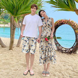 情侣装海边度假风沙滩露背绑带蛋糕裙三亚旅游拍照连衣裙一裙一衣