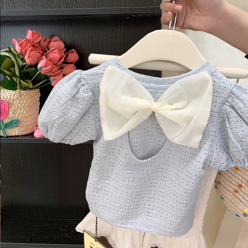Little Girl Short Sleeve Set 2024 New Children's Summer Solid Color Stylish Bowknot Backless Top and Trumpet Pants Set