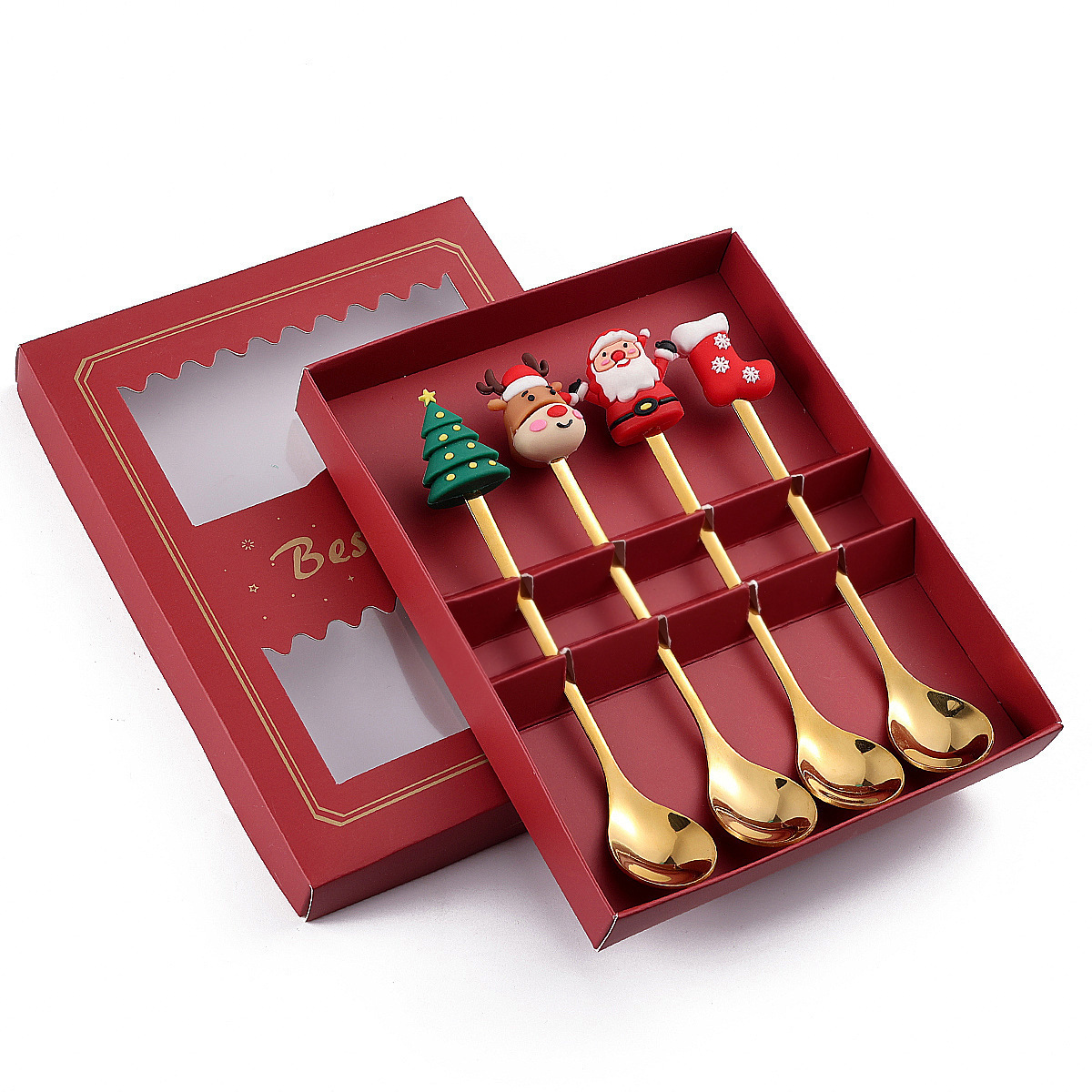 Cuchara de acero inoxidable creativa árbol de Navidad café tartar postre horquilla de fruta muñeca cuchara horquilla cubierta set de regalo