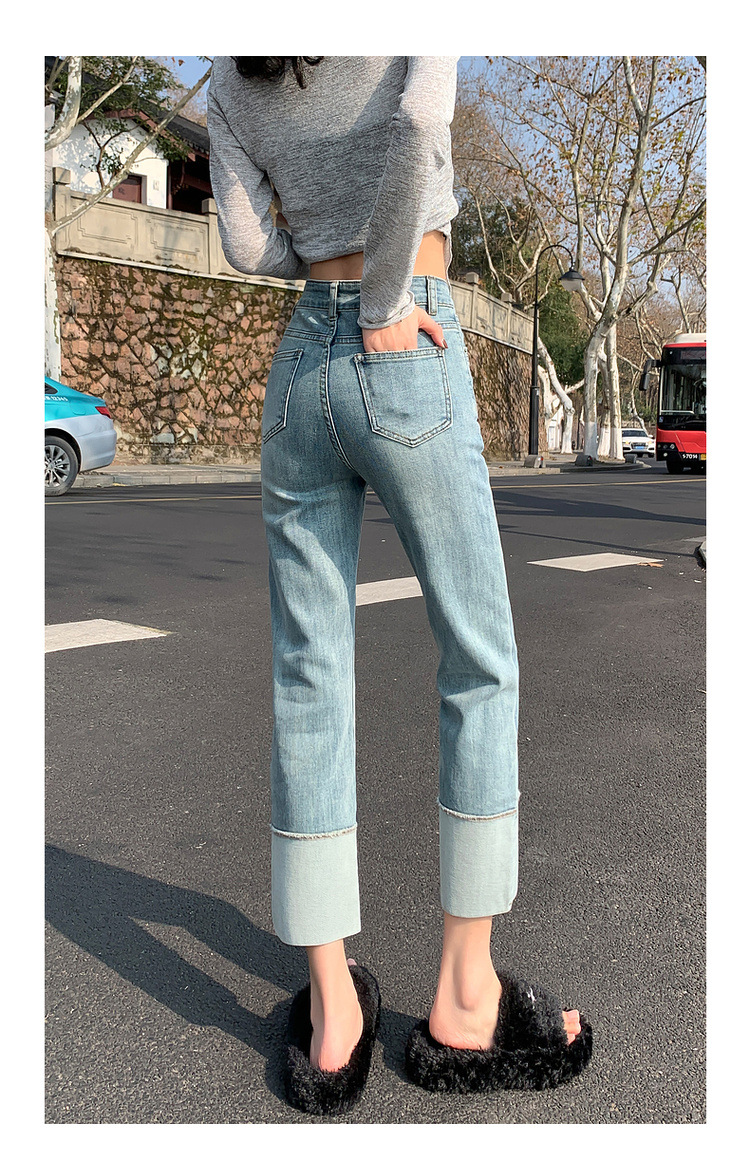 【中国直邮】HEY+JEANS 春季韩系翻边高腰显瘦九分裤 黑色 M