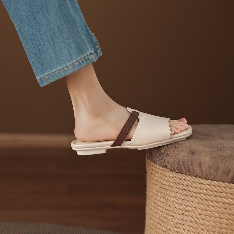 Dép sandal nữ xỏ ngón đế bệt phối màu hở mũi thời trang — màu trắng ngà, màu mơ chi tiết 68