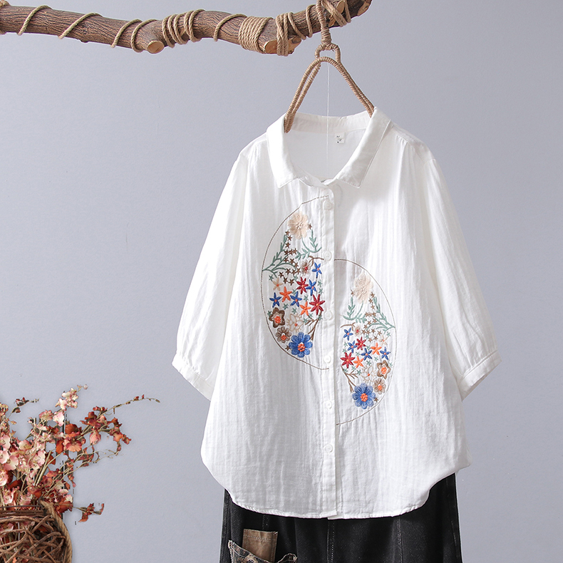 Original Double Baby Cotton Yarn Embroidered Seven-Sleeve Shirt Women's Top Pure Cotton Literary Fan Loose Embroidered Shirt