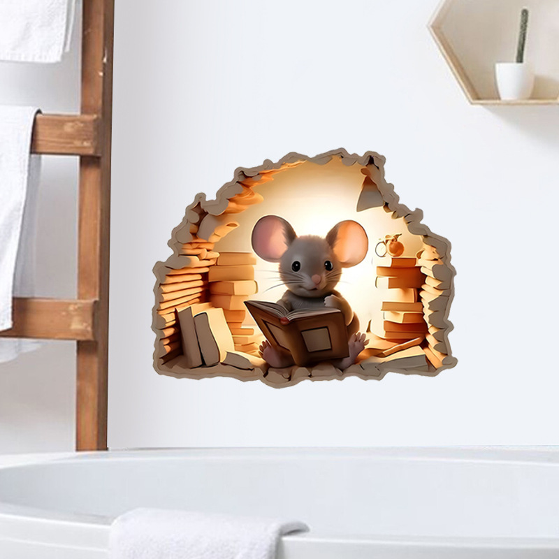 3d Mouse Hole Wall Sticker Decorative Cartoon Staircase Decal_voghion.com
