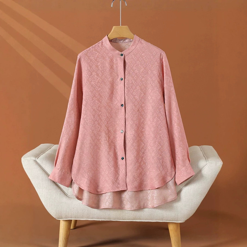 Real Silk Three-Layered Double-Sided Chinese-Style Stand-Collar Mulberry Silk Shirt for Women, Wide Version
