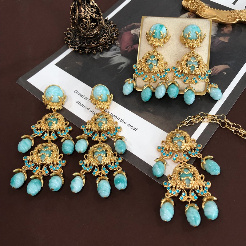 Banquet Occasion Retro Geometric Alloy Plating Artificial Gemstones Women's Earrings Necklace