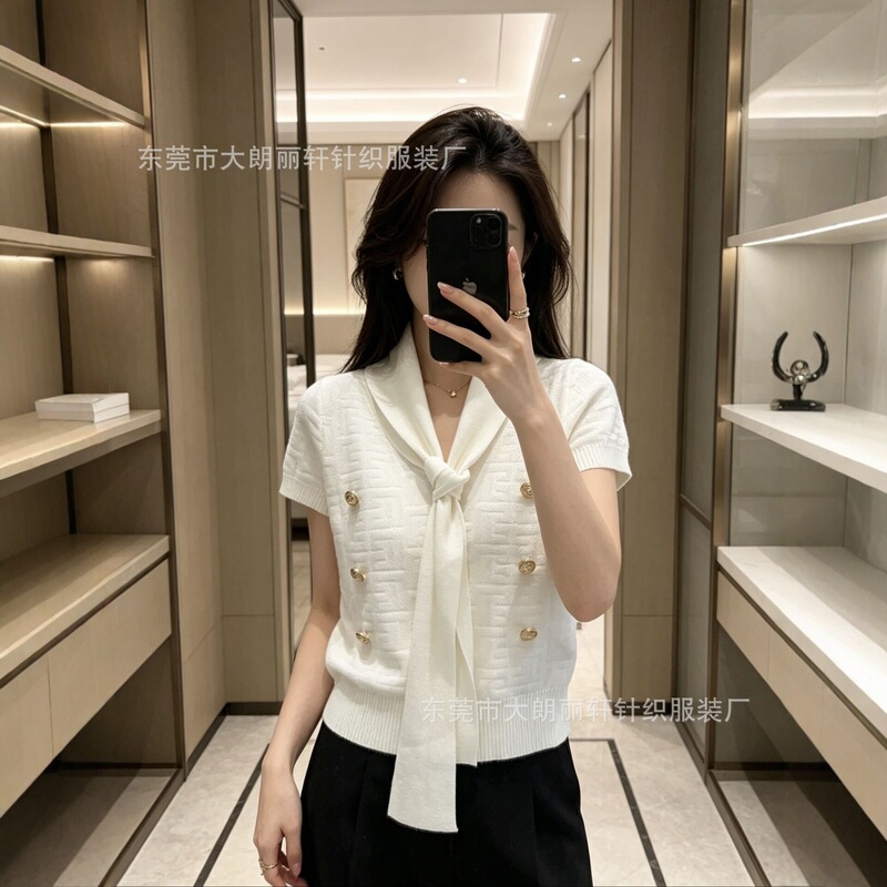 Balmain jacquard ribbon short-sleeve knit top for women, new summer style with three-color metal buttons, elegant top