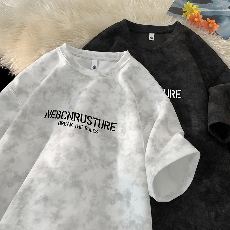 230 グラム夏アメリカンハンサムタイダイ Tシャツメンズルーズトレンディ半袖 Tシャツブラックホワイトダークグレーアーミーグリーン|undefined