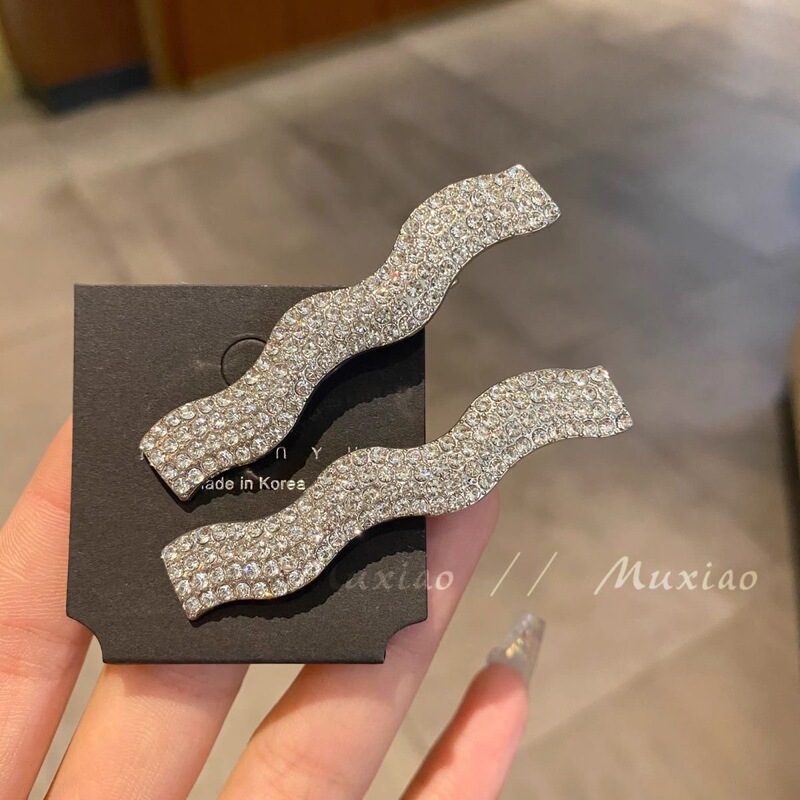 Sparkling Wave-Shaped Rhinestone Bangs Hair Clip, Side Clip, Metal Duckbill Clip, Trendy Hairpin for Girls, Internet Celebrity Hair Accessory