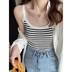冰絲吊帶女夏外穿條紋針織背心內搭打底修身法式復古薄款無袖上衣
