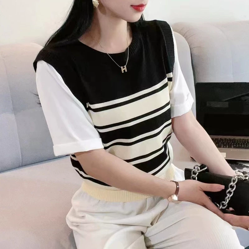 2025 весна и лето новая корейская мода свободная минималистская полоска сшивание поддельные две части шифоновый свитер с короткими рукавами женский